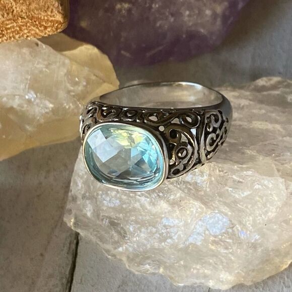 Stainless Steel Sea Blue Faceted Glass Ring sizes 8,9,10 - Picture 3 of 6